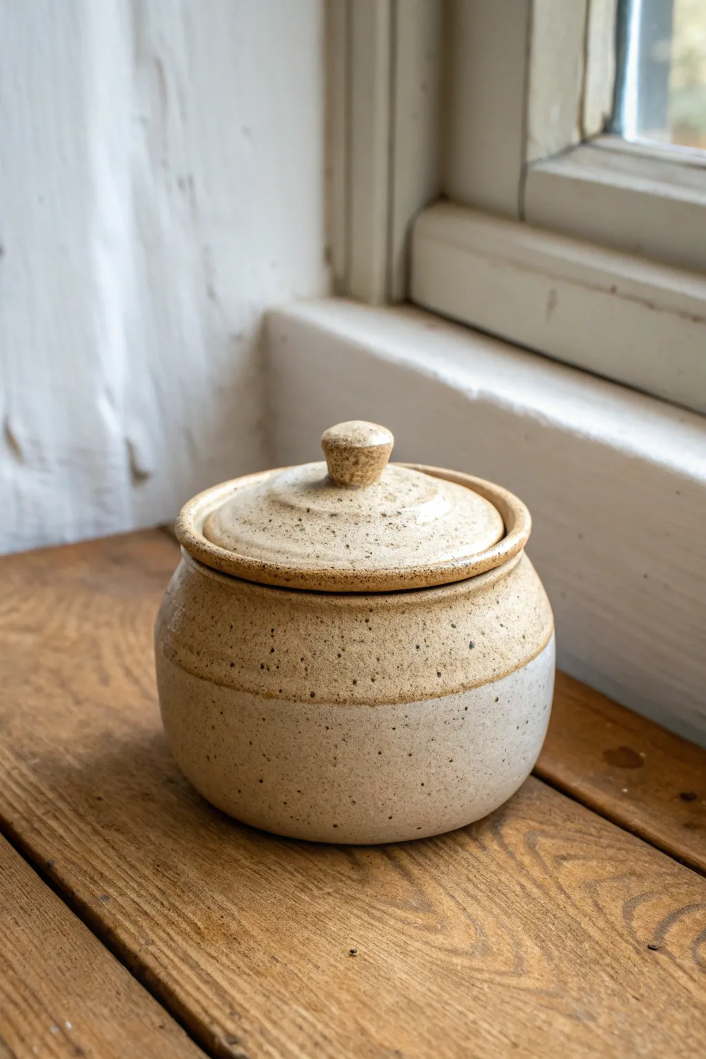 Coil pinch pot jar with a fitted lid, showcasing the built-in seat rim and clean, cozy curves