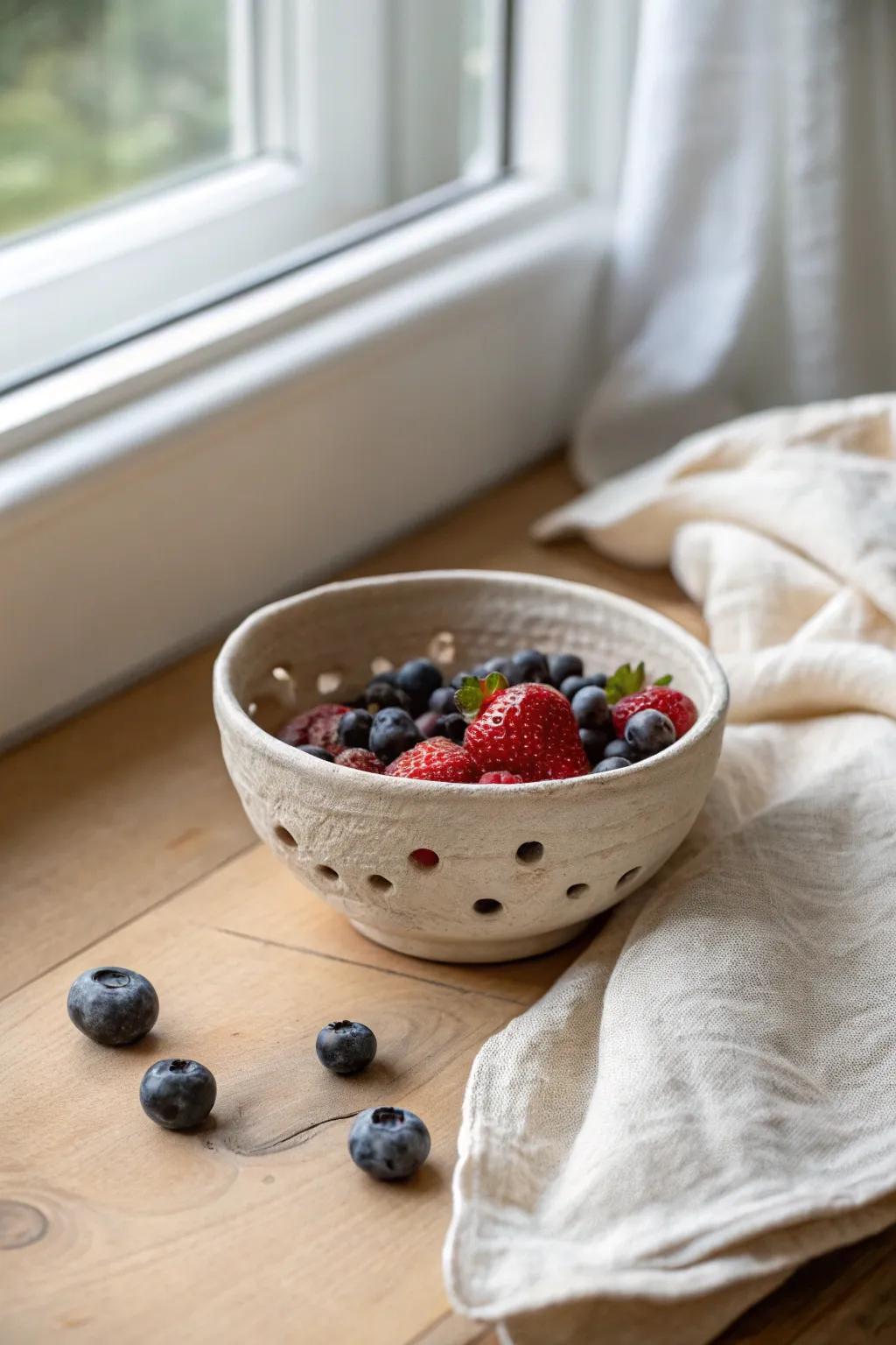 Handmade coil berry bowl with drain holes, simple Scandinavian style, filled with fresh berries.