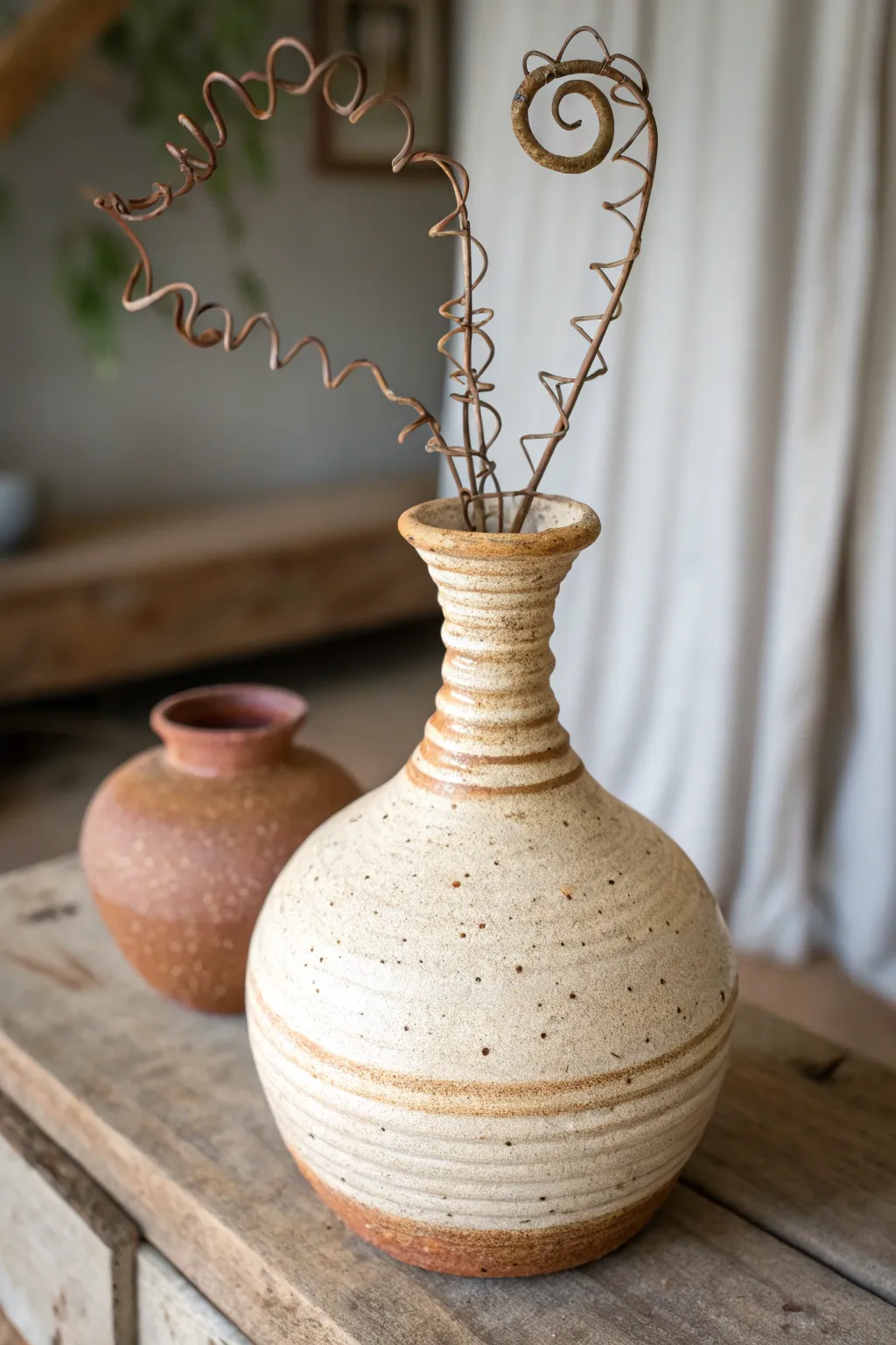 Organic coil vase with vine-like tendrils, earthy matte glaze, moody contrast and calm minimal style.