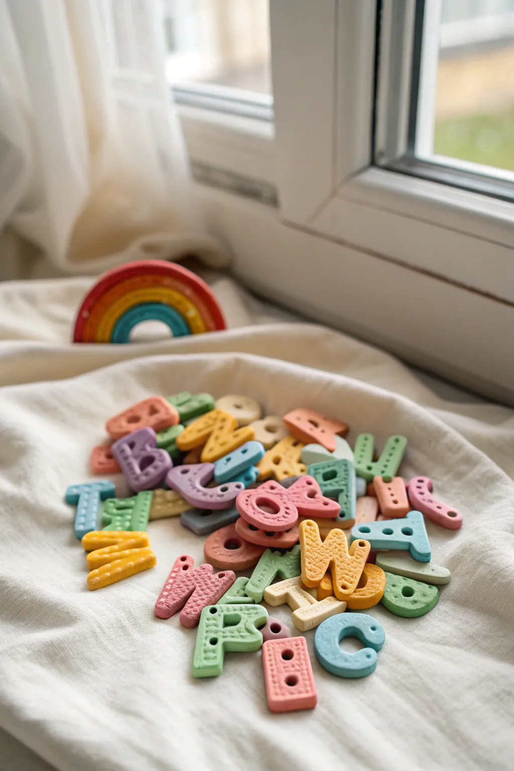 Rainbow clay letter charms piled like candy on linen, minimal Scandinavian boho vibes.