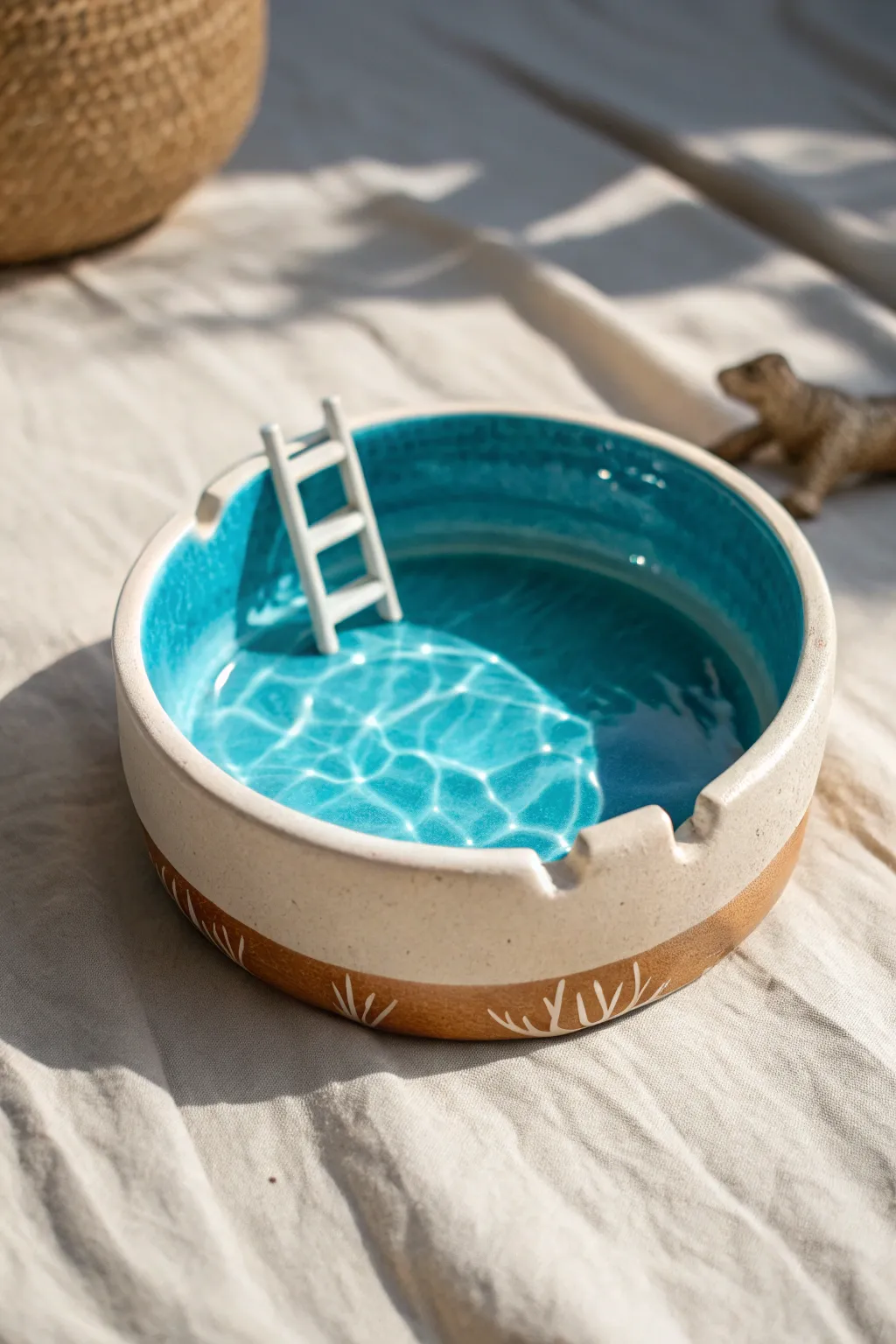 Mini pool ashtray with bright blue glaze and tiny ladder detail for a chic summer vibe