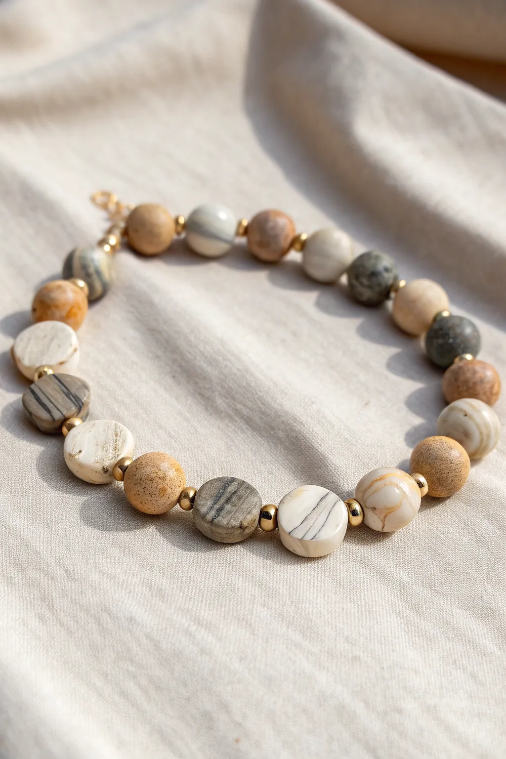 Marbled stone-look disc beads in soft neutrals for an effortless minimalist boho bracelet