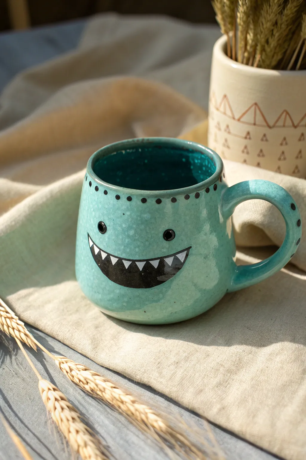 Playful monster mouth mug with tiny teeth, bold glaze, and handcrafted charm for cozy sips.