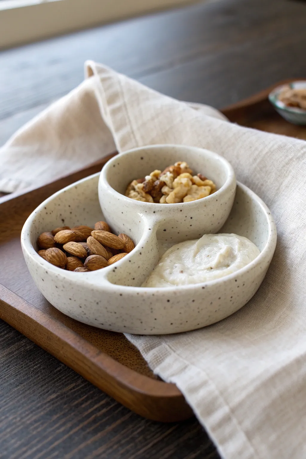 Handmade double pinch pot snack-and-dip dish, minimalist boho styling with natural contrast.