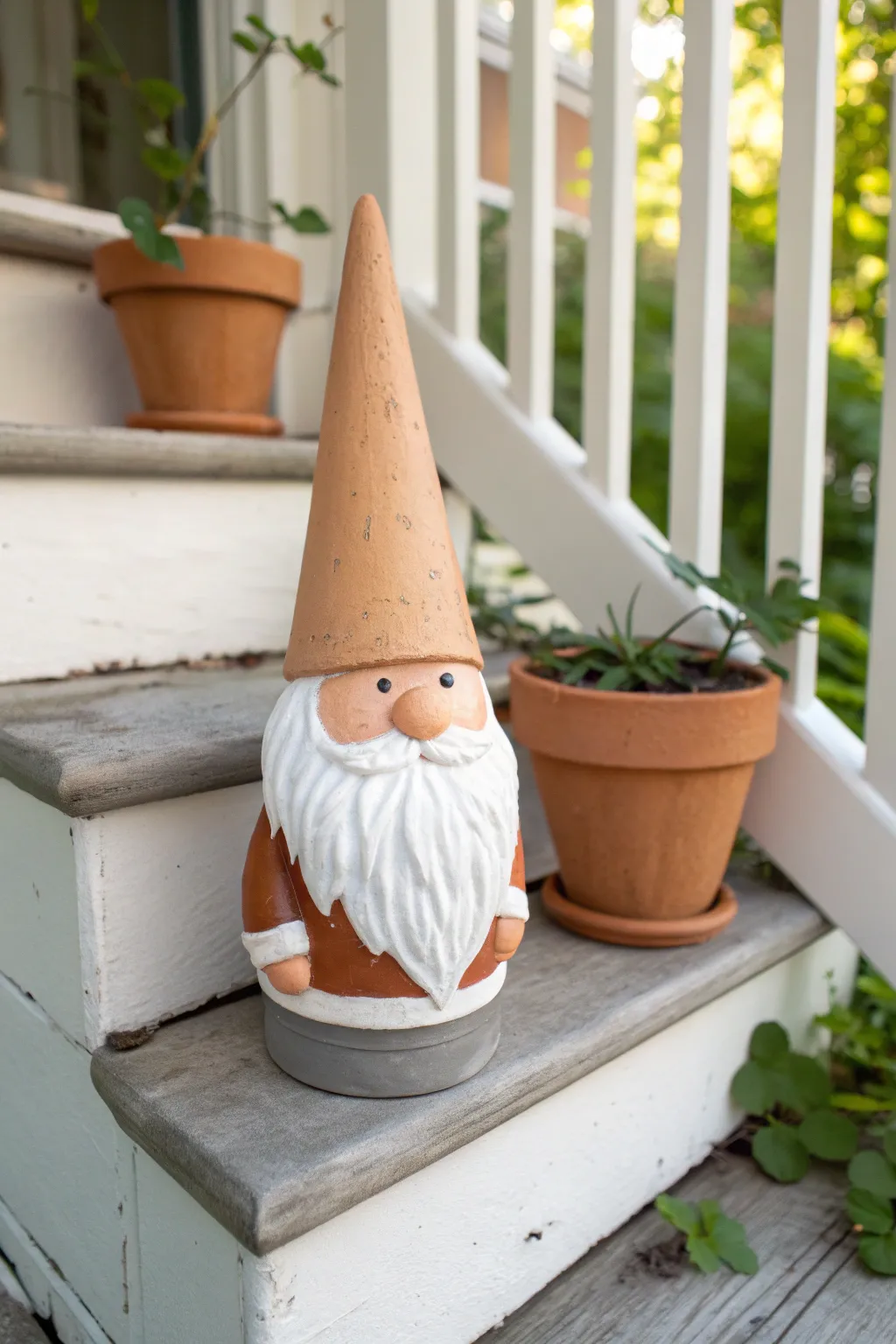 A charming clay pot gnome with a simple beard and tall hat, perfect porch guardian.