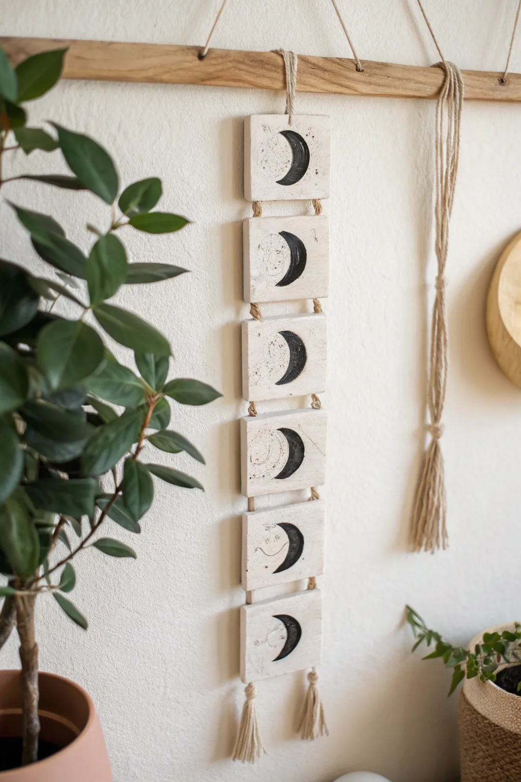 Minimal moon phase clay tiles, matte and hand-detailed, a calm boho wall accent.