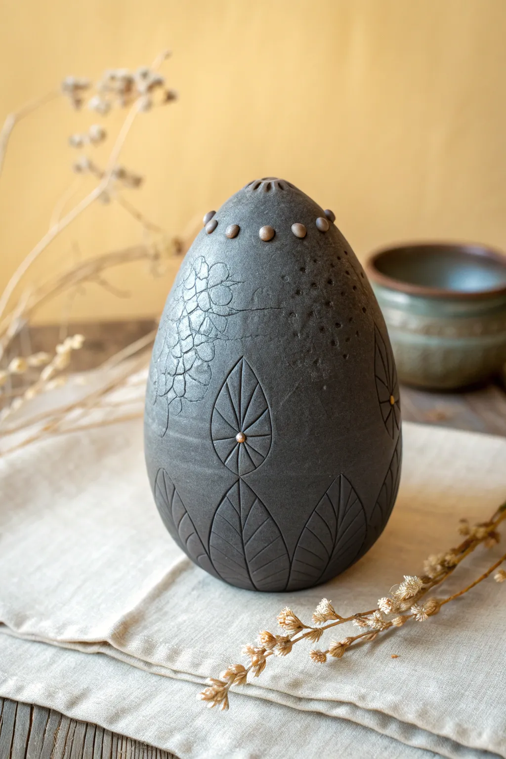 Matte clay dragon egg with simple crack carvings and subtle scales, moody and minimalist