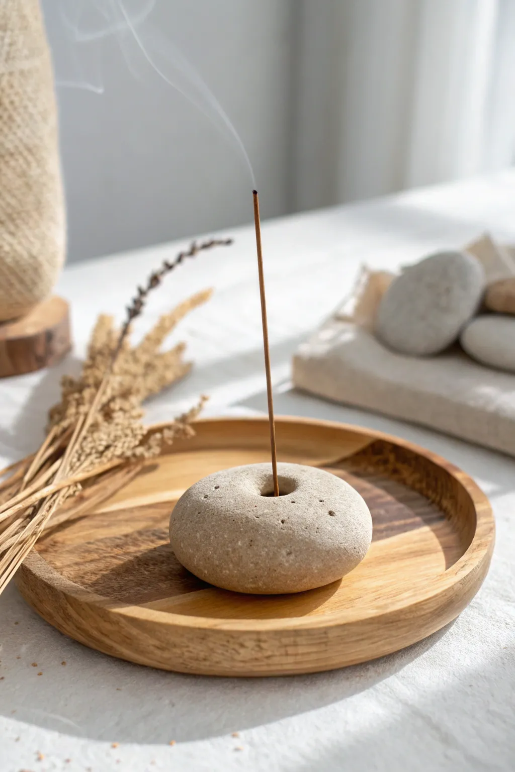 Tiny pebble incense holder in soft neutrals for a calm, spa-like clay project at home.