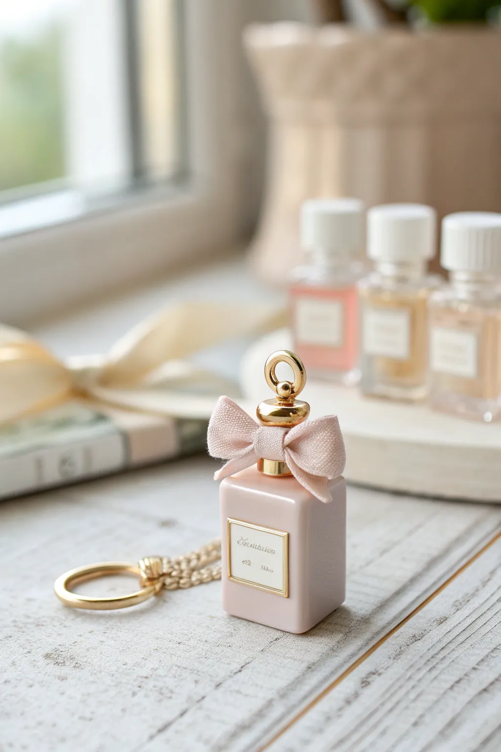 Coquette mini clay perfume bottle charm in soft pastels with a bow cap, styled minimalist-boho.