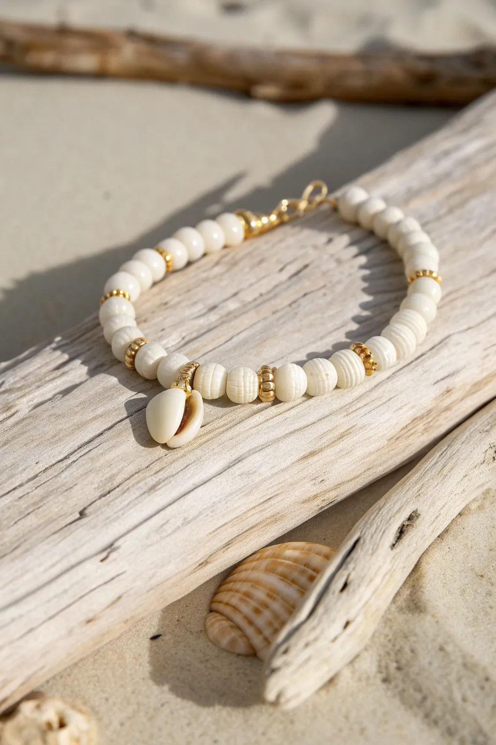 Creamy clay disc bracelet with a single shell charm for an effortless coastal cowgirl vibe