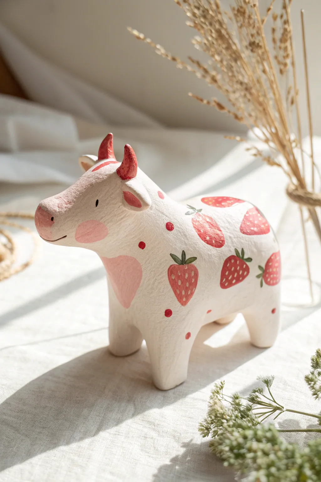 Strawberry cow palette in pastel pink and cream with sweet red spots, minimalist and handmade.
