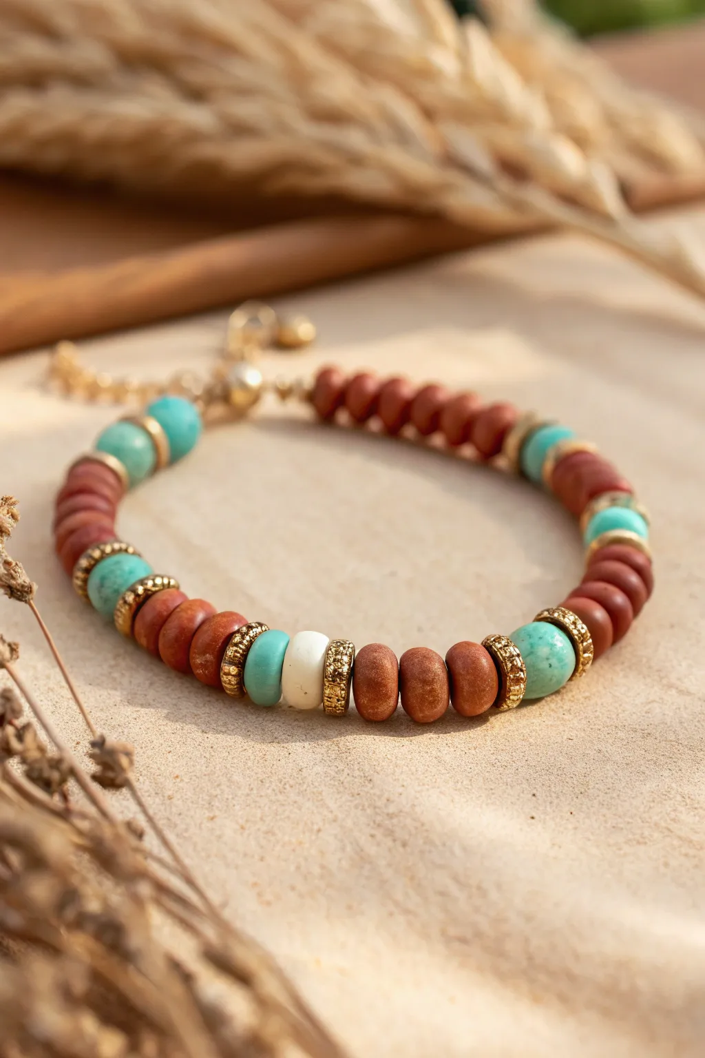 Rust, terracotta, turquoise, and cream clay beads for an easy Southwest sunset bracelet