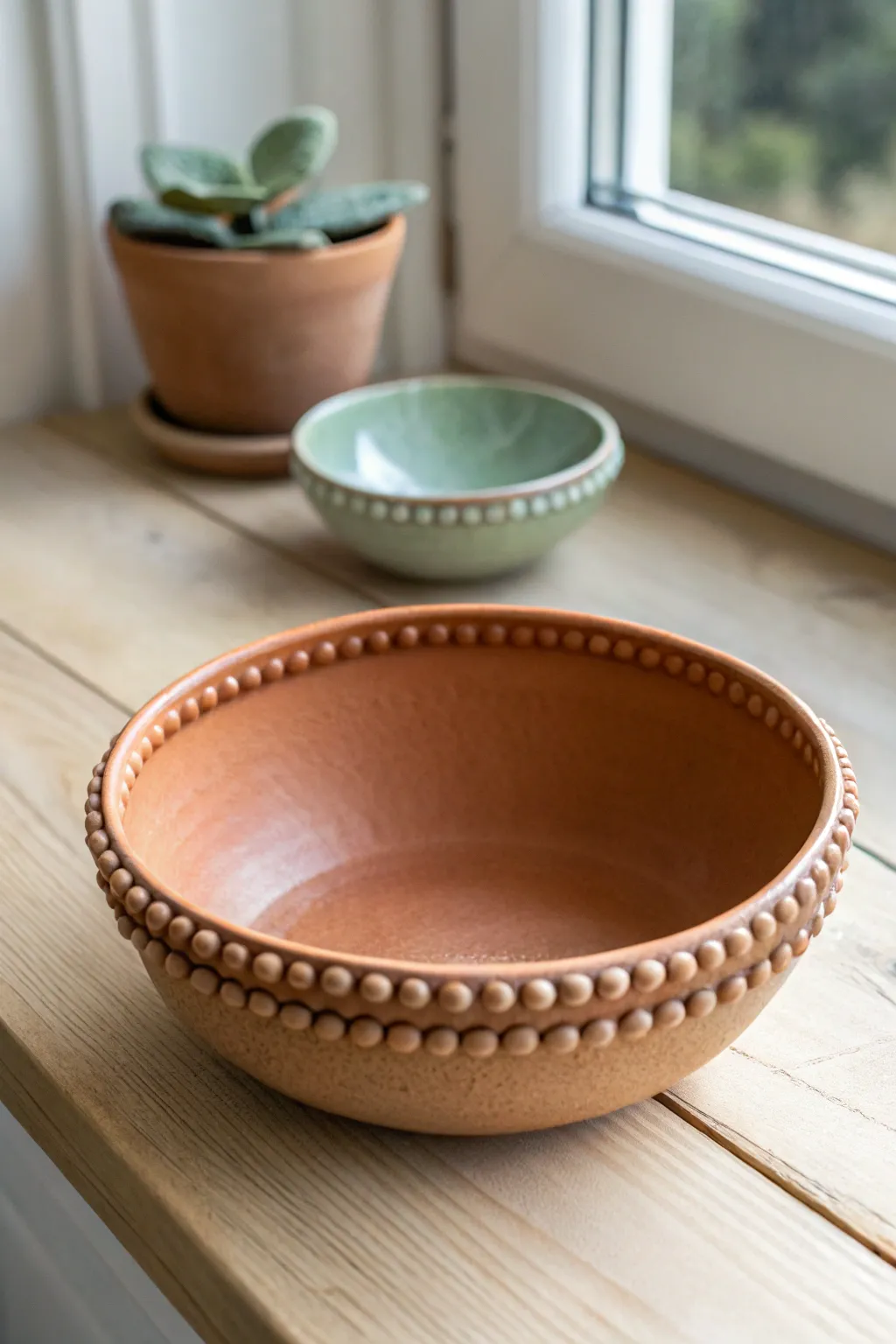 Minimal beaded-edge trinket bowl duo in soft contrast, highlighting simple handmade texture.