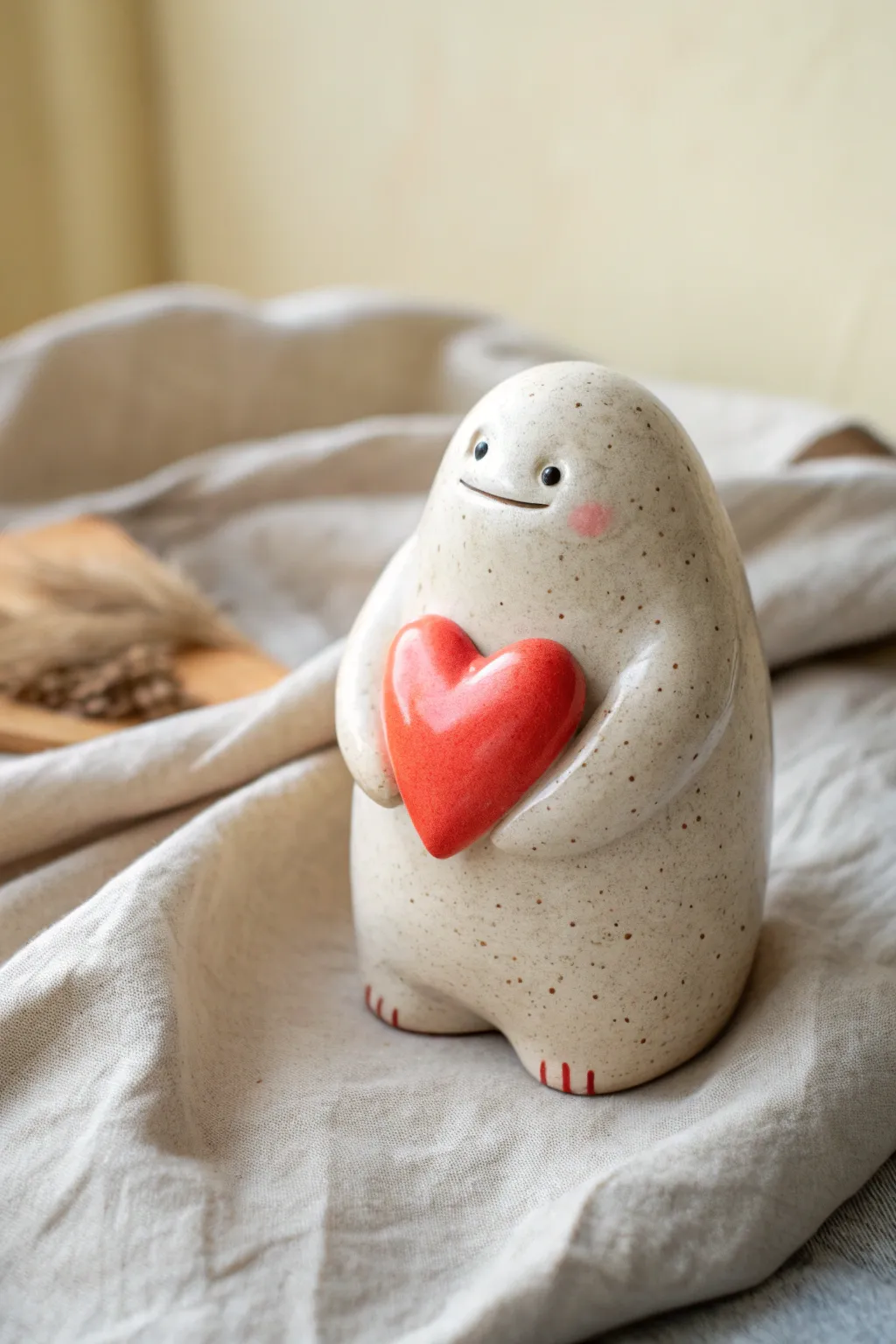 Grumpy-cute clay monster hugs a glossy coral heart in clean Scandinavian-boho calm.