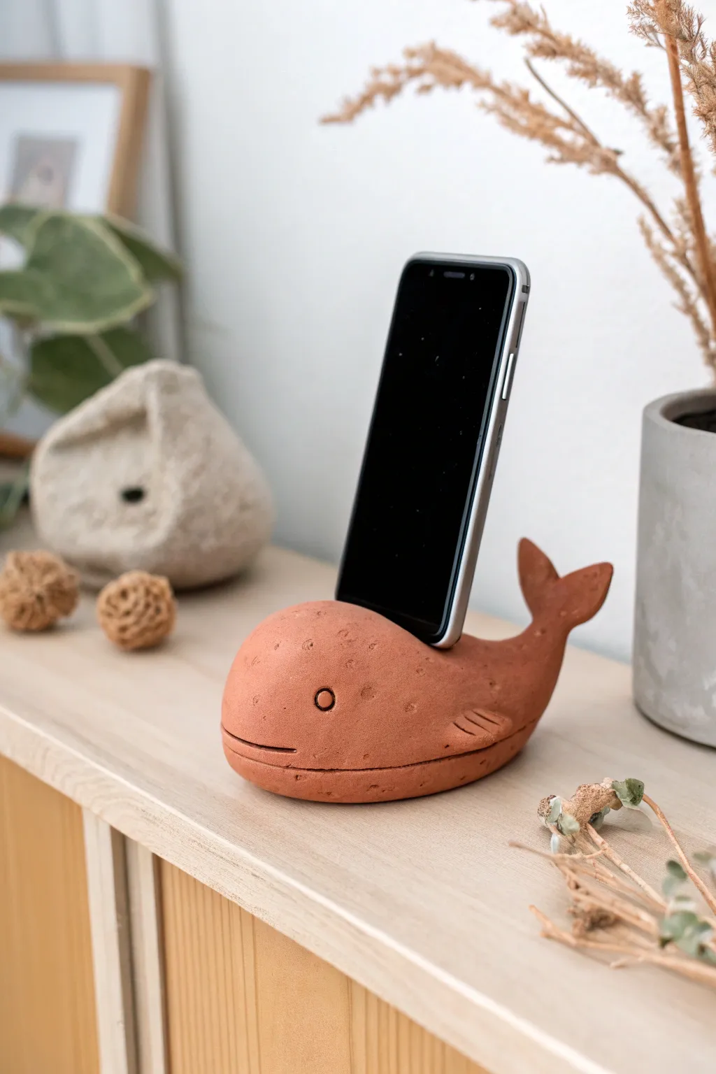 Chunky whale air dry clay phone holder, minimalist boho charm for a tidy nightstand
