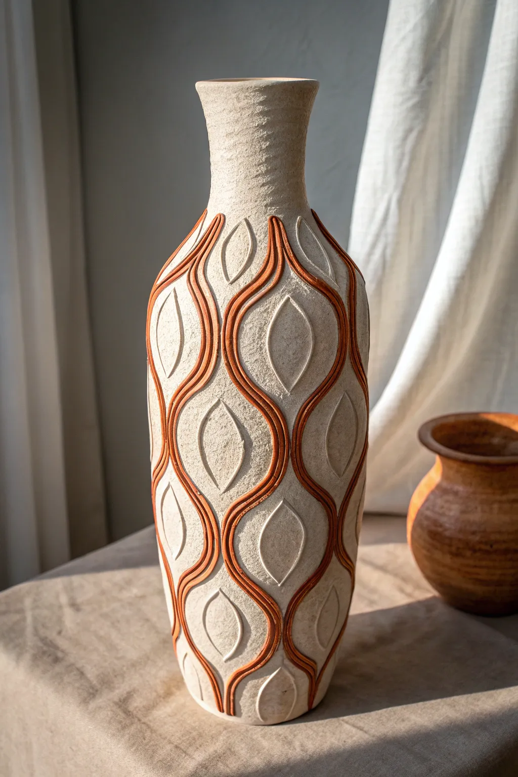 Extruded squiggle vase with tactile 3D lines and contrasting glaze, simple and striking.
