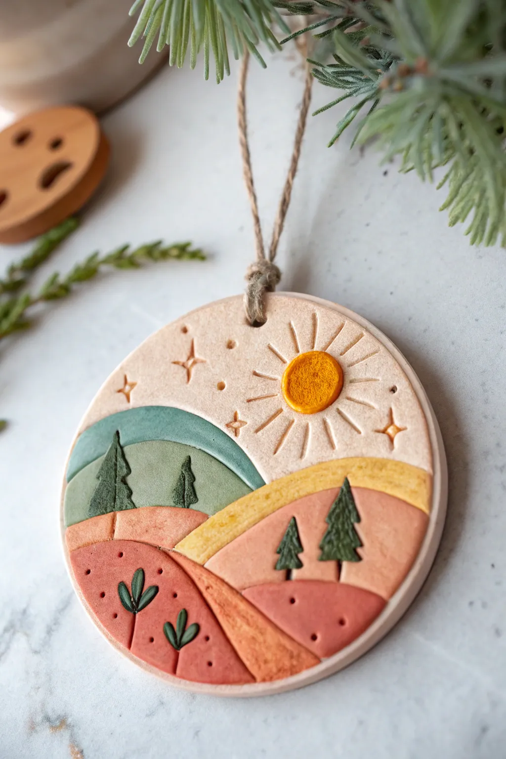 Round clay medallion mini landscape with raised sun and hills, bright yet minimalist boho charm
