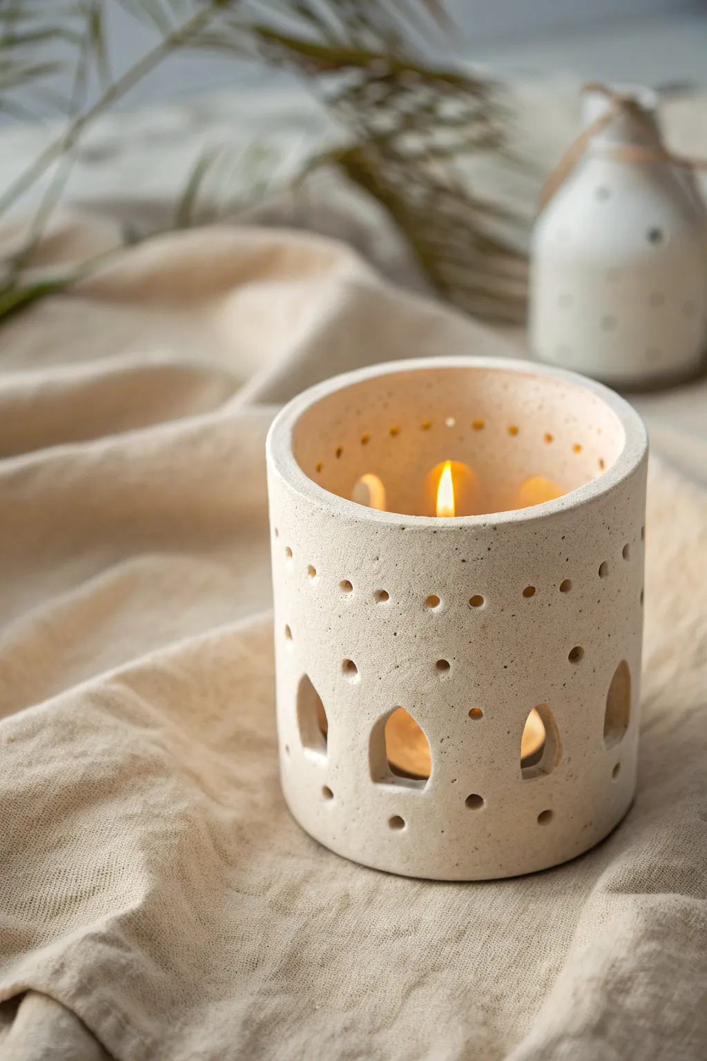 Simple cutout clay candle holder with a warm glow, perfect for cozy minimalist evenings.