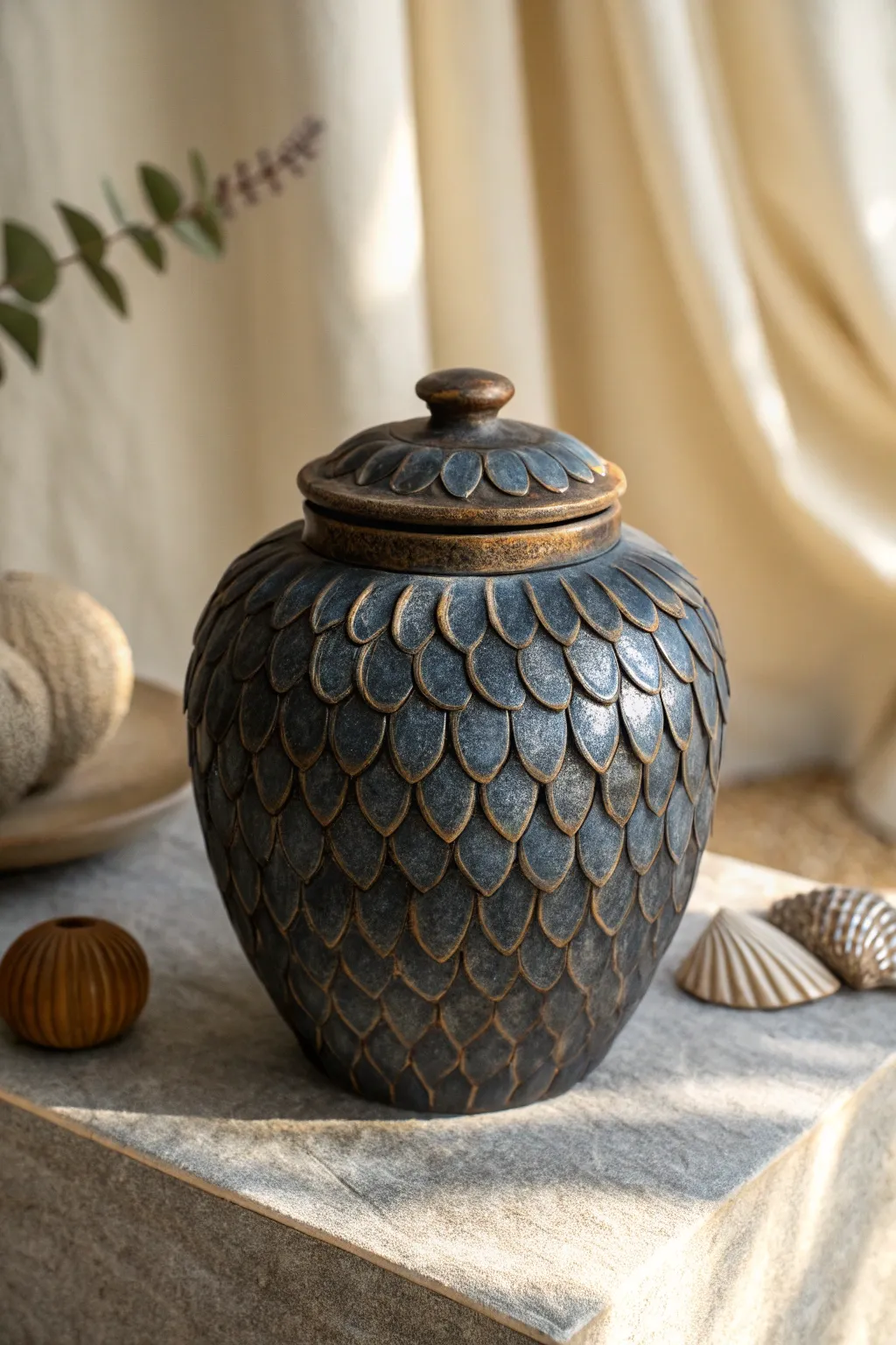 Moody dragon scale treasure jar with a tiny claw accent, dark glaze highlights, minimalist boho vibe