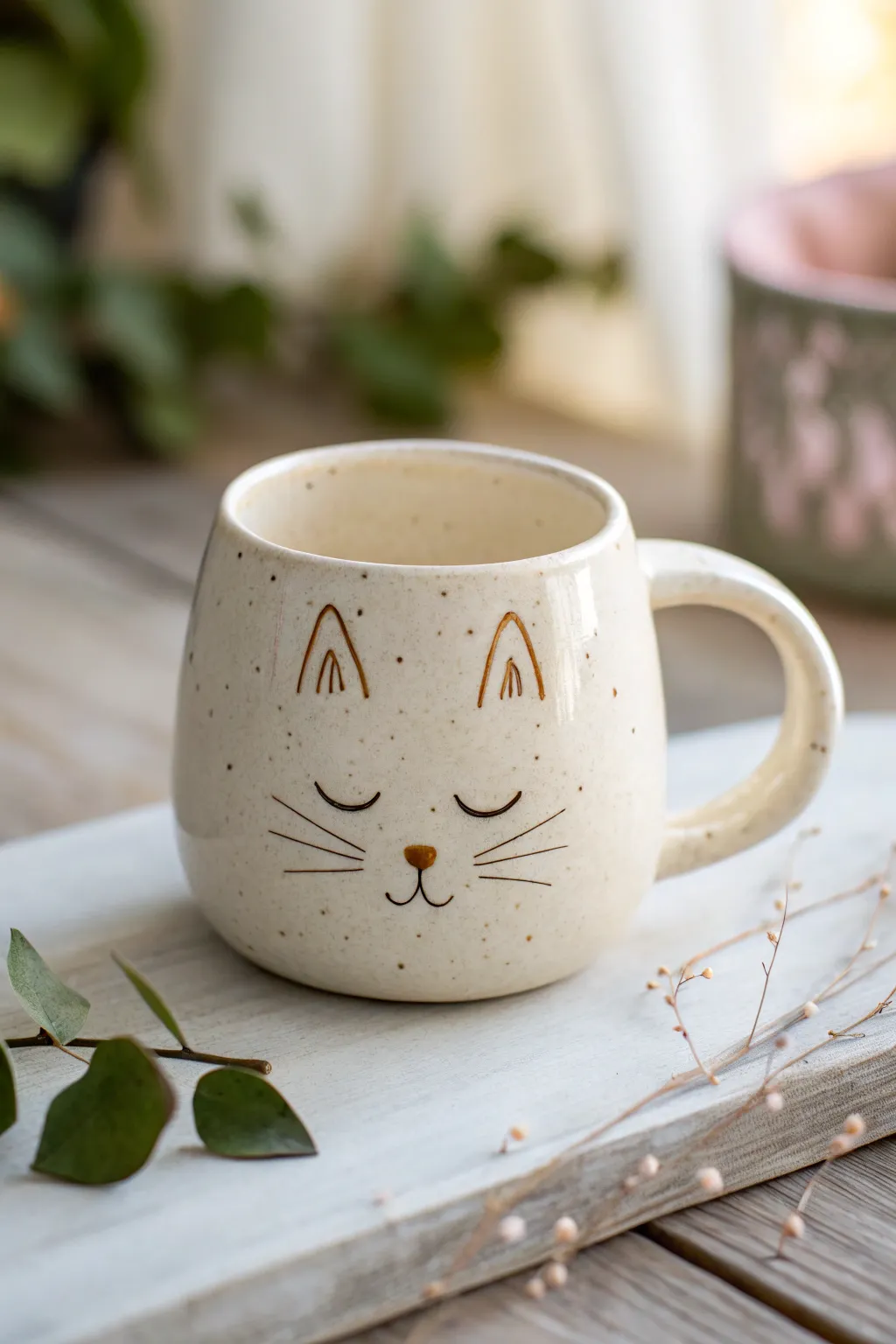Sweet cat face mug with tiny ears and a soft speckled glaze, minimalist and cozy.
