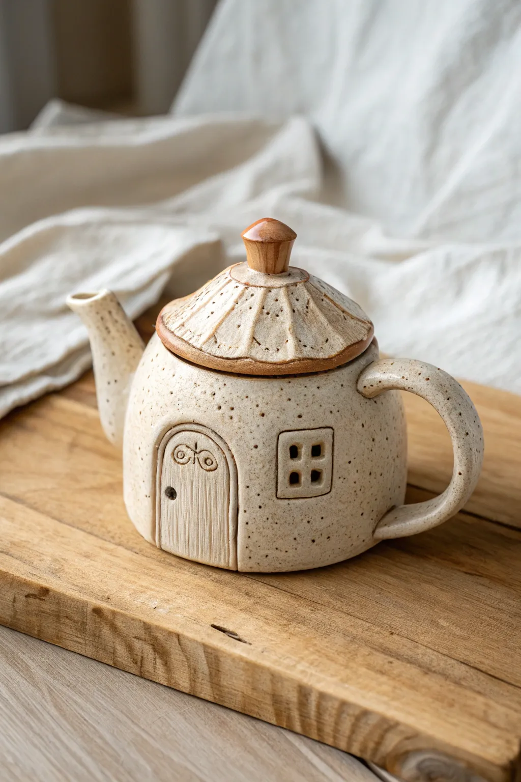Tiny house teapot: cozy cottage charm in minimalist clay, perfect for whimsical tea moments