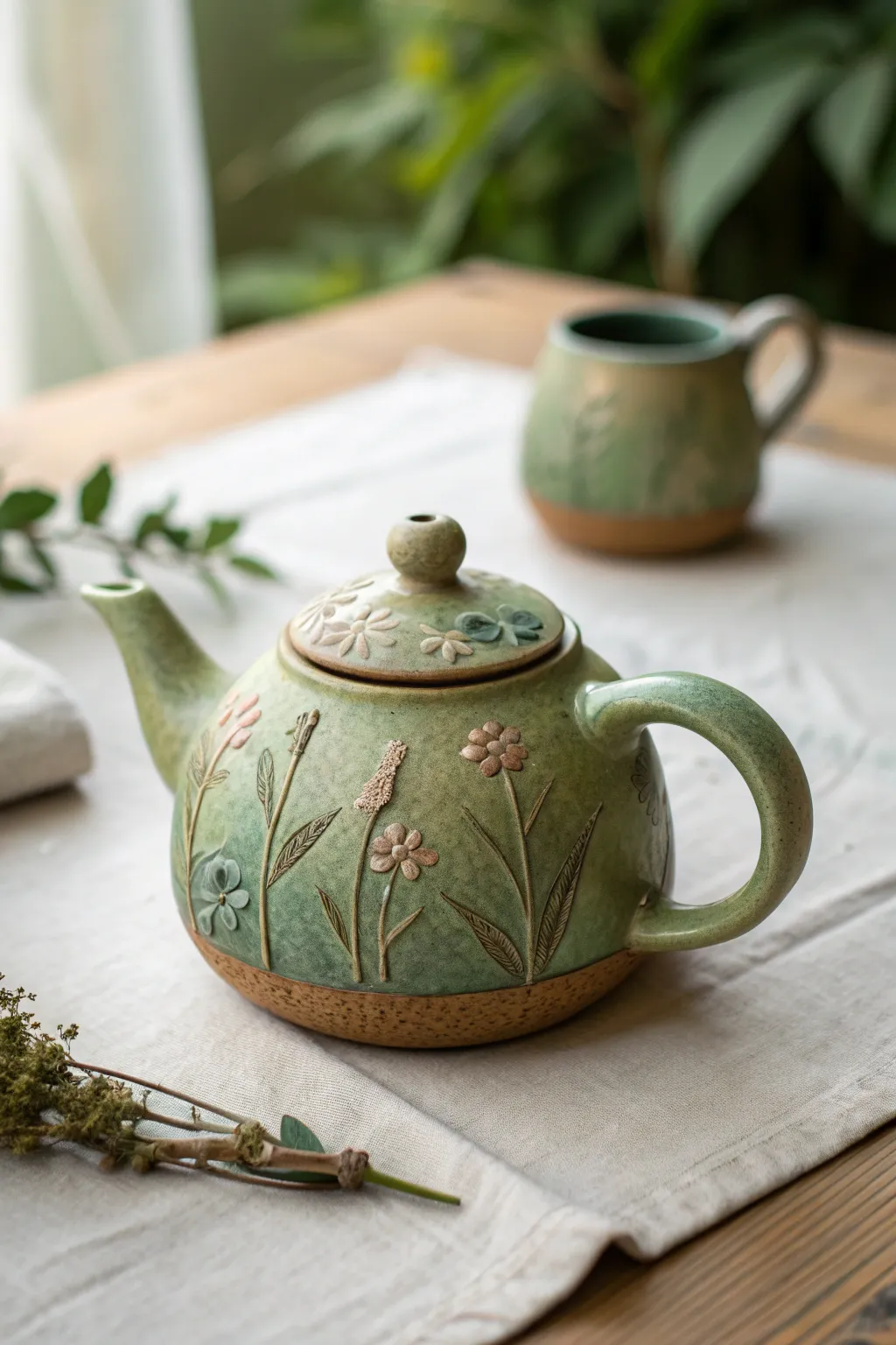 A mossy mini garden teapot in earthy glazes, styled simply with dried botanicals.