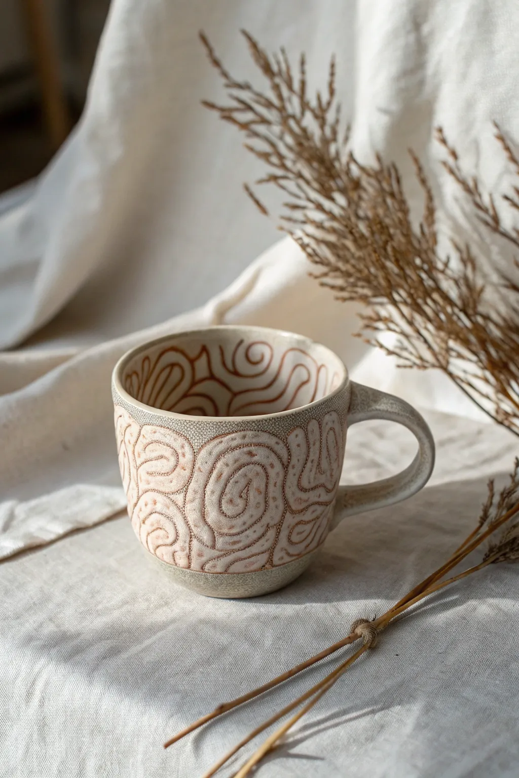 Minimalist brain-texture cup in pale flesh tones with a dark wash for eerie, elegant contrast.