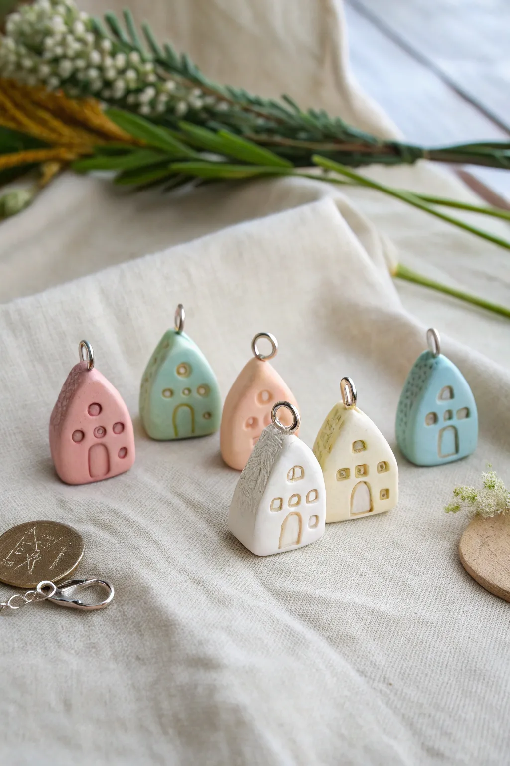 Tiny pastel cottage house charms lined up like a mini neighborhood, sweet, simple, and handmade