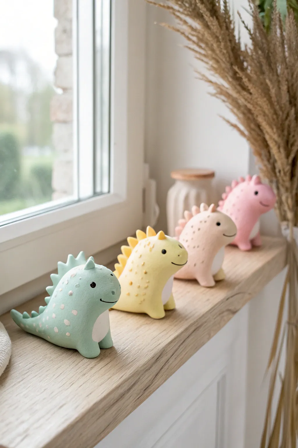 Adorable stubby dino mini trio in soft pastels, a simple air dry clay animal project.