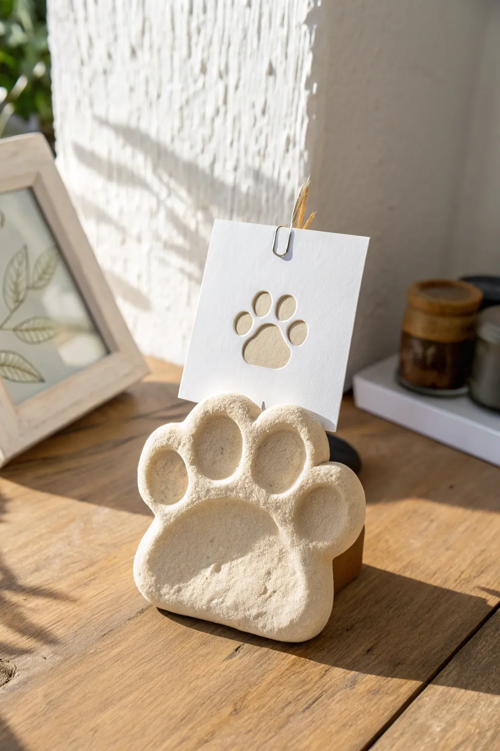 Adorable tiny paw clay photo holder, minimal and boho, a sweet way to display mini cards.