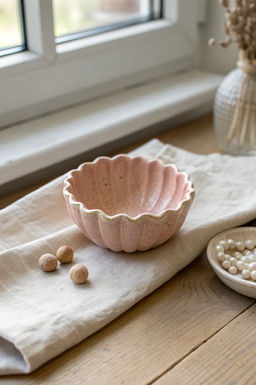 Pastel scalloped air-dry clay berry bowl with tiny beads for scale, simple and beginner-friendly.