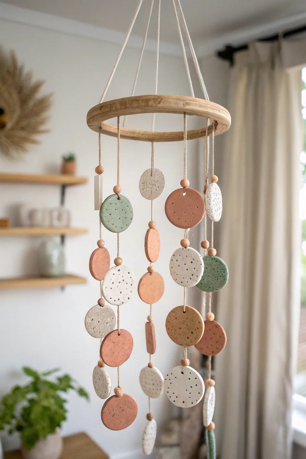 Soft pastel air dry clay disc mobile for kids, minimalist boho charm with natural texture