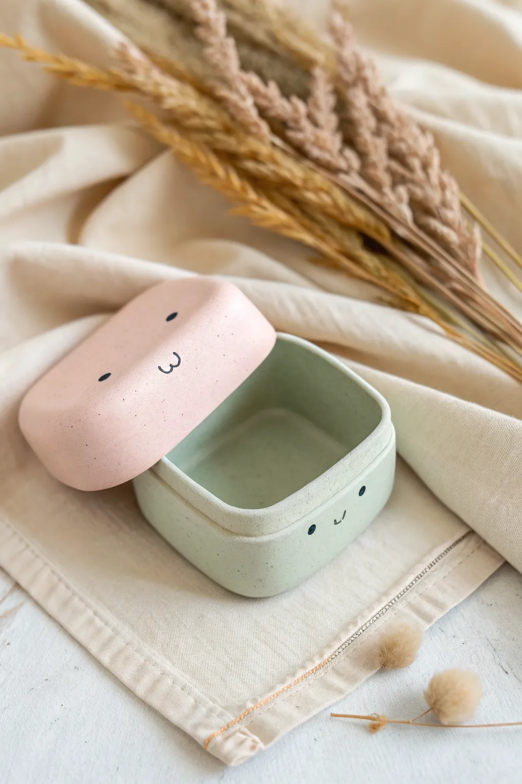 Pocket size pastel trinket box with a sweet face, minimalist boho charm for your shelf.