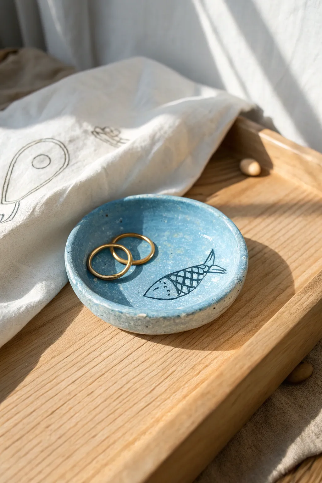 Cute blue trinket dish with fish imprint, perfect for rings and a calm minimalist shelf moment