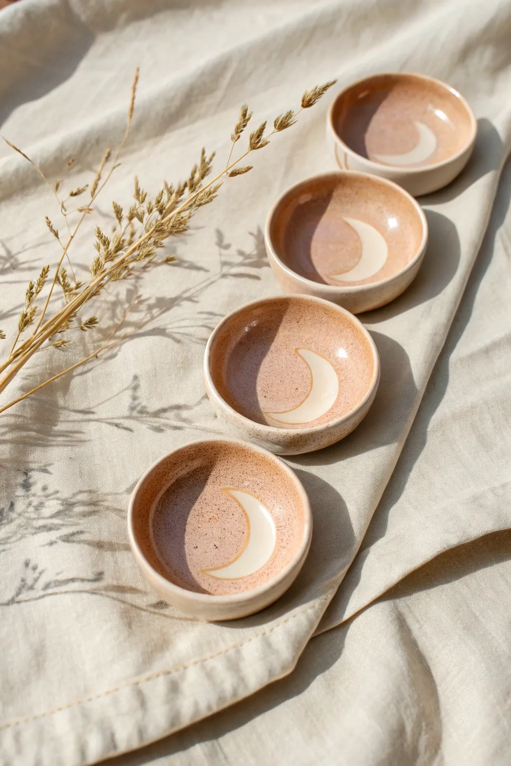 Sweet moon phase trinket dish set in sandy glaze and pale peach, minimal and handmade.