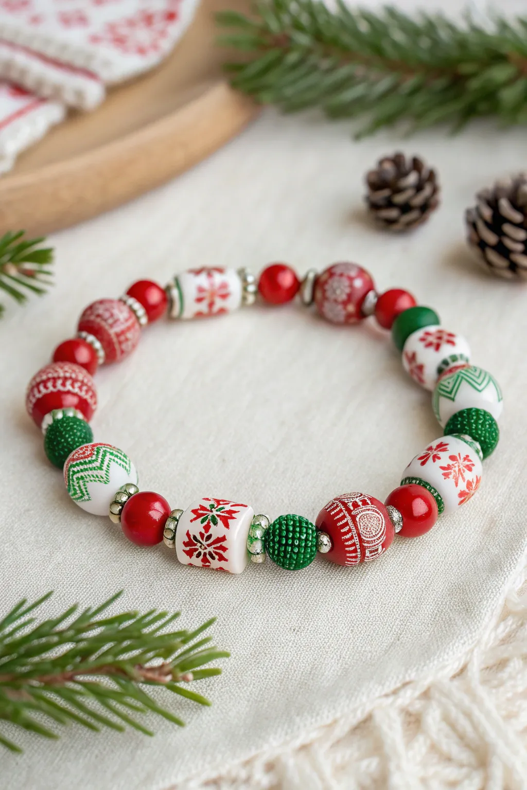 Ugly sweater inspired red, green, and white clay bead bracelet with crisp zigzags and dots.
