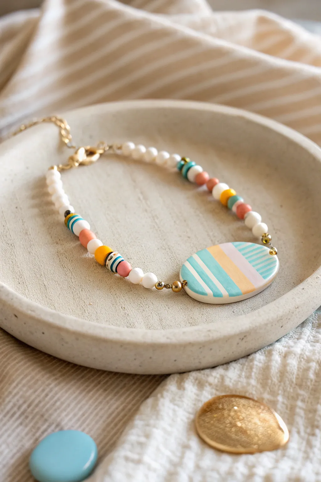 Beachy clay bead bracelet with mini surfboard focal bead, aqua and white, minimalist boho