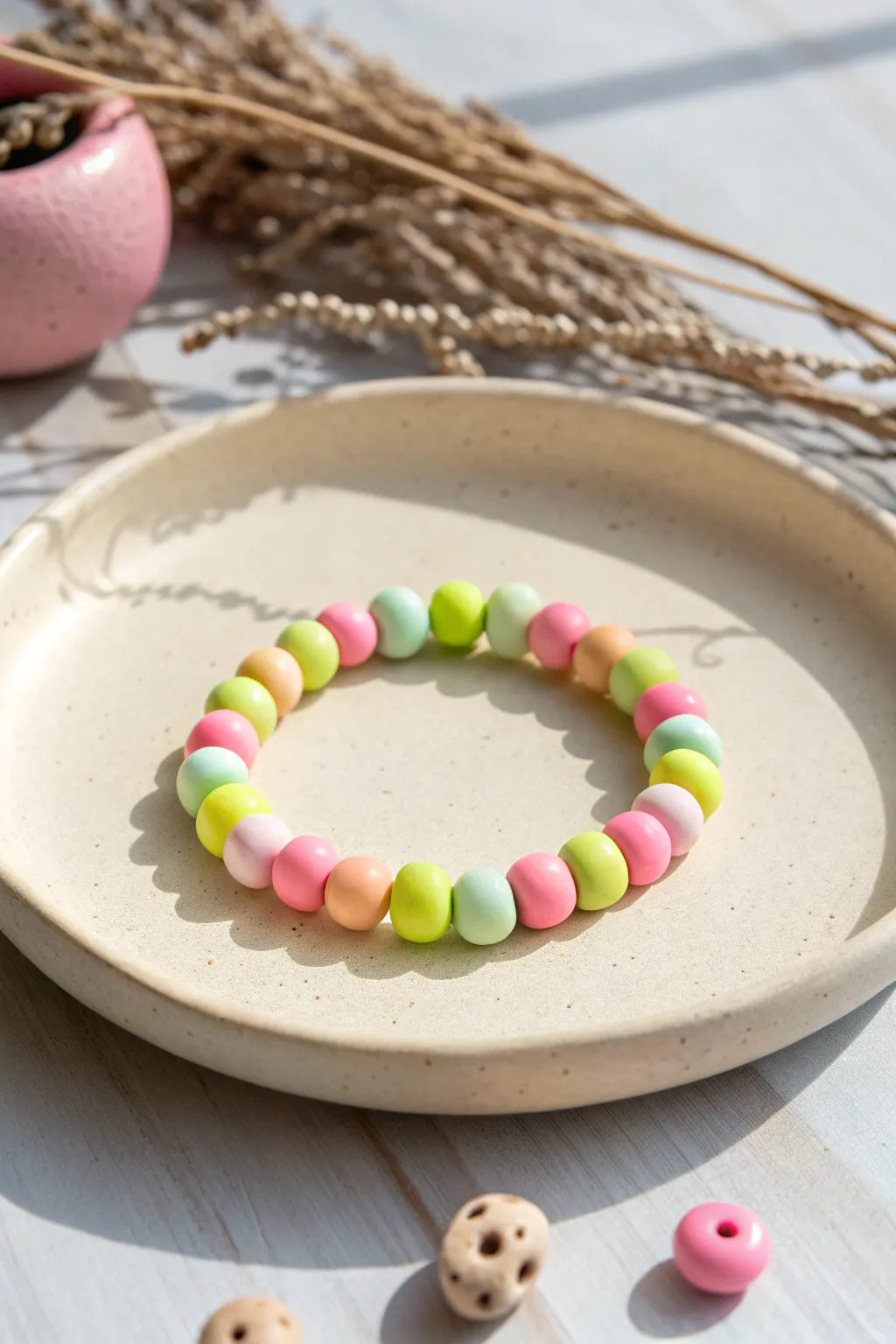 Confetti clay bead bracelet with intentional neon pop sections, styled clean and softly boho.