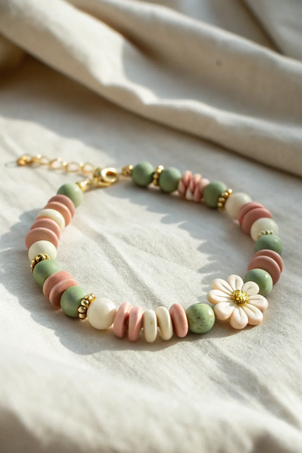 Soft cottage garden bracelet in sage and blush polymer clay discs, bright minimal styling