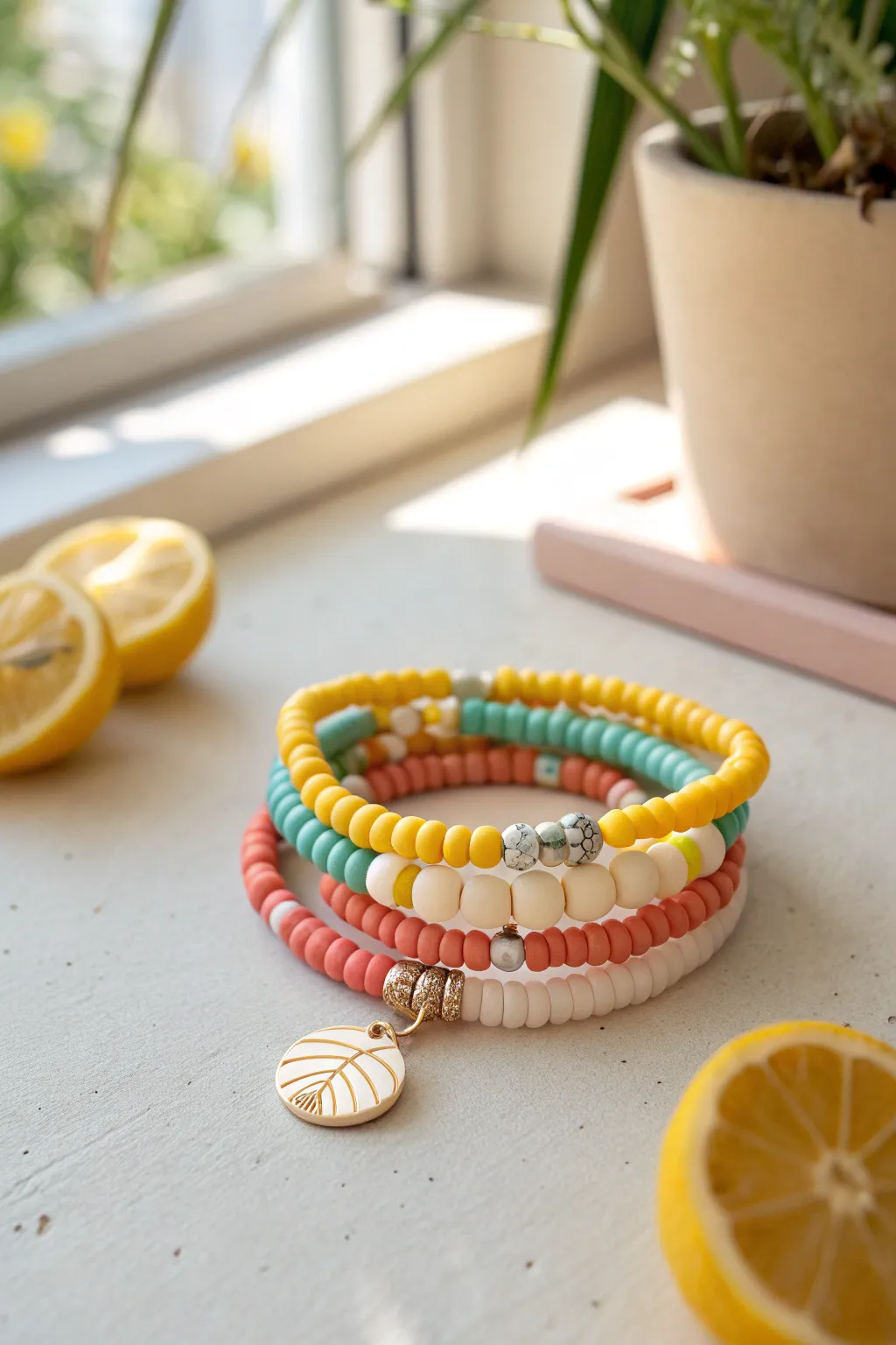 Bright heishi clay beads with a sweet lemon charm for an easy, sunny bracelet look