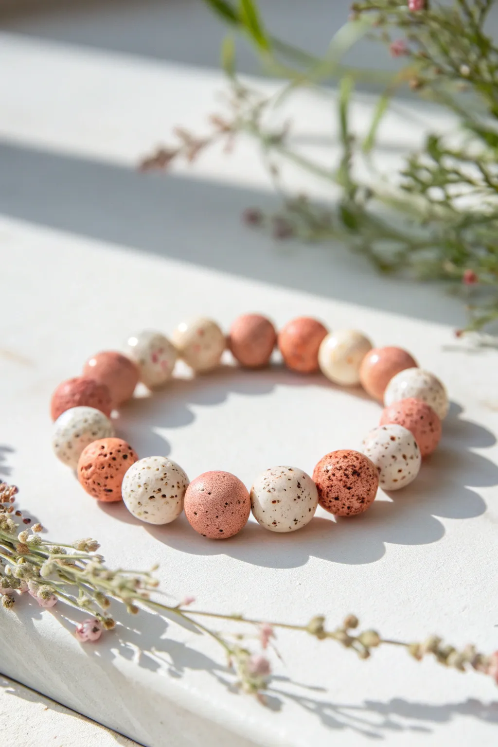 Playful confetti clay bead bracelet in pastel tones, minimalist styling on crisp white.
