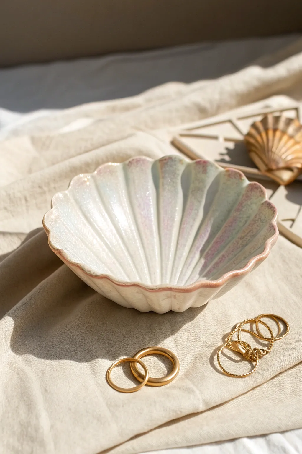 Shell-inspired pearly clay bowl on sandy linen with stacked rings for a calm beachy vibe