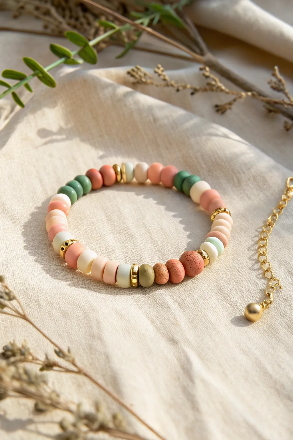 Half gold spacer beads, half pastel clay discs for a sweet minimalist boho bracelet