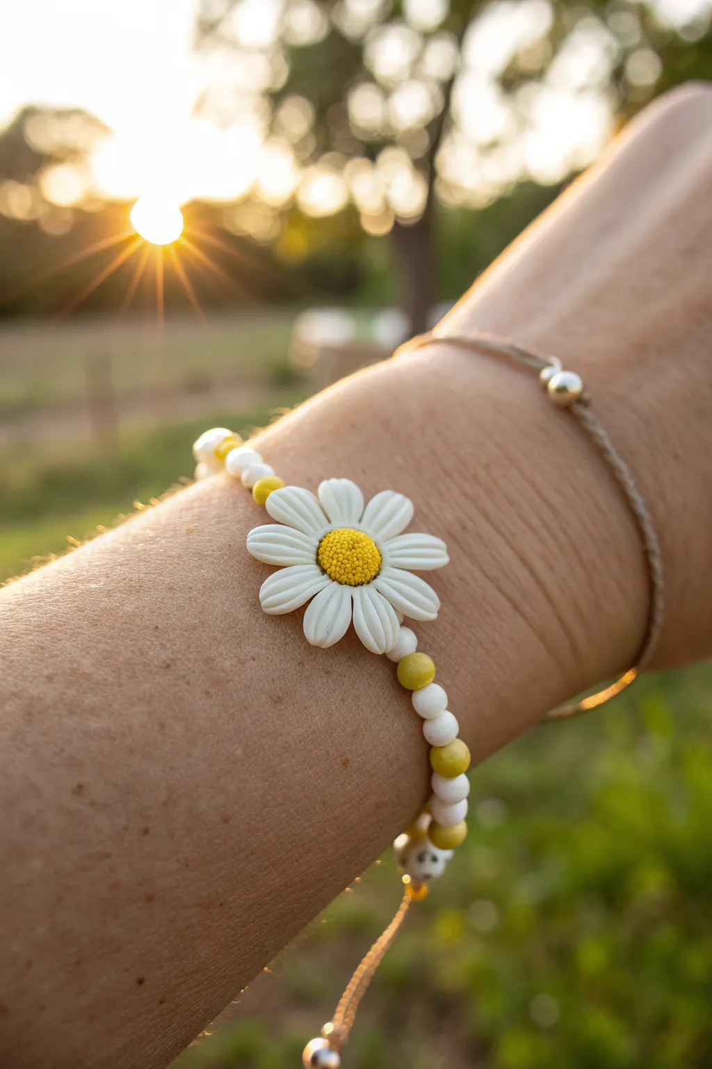 Sunny daisy clay charm bracelet in soft golden light, minimalist and sweet for summer days