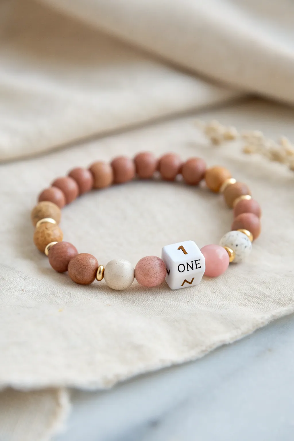 Minimal clay bracelet with birth color accent and single initial bead, simple and sweet