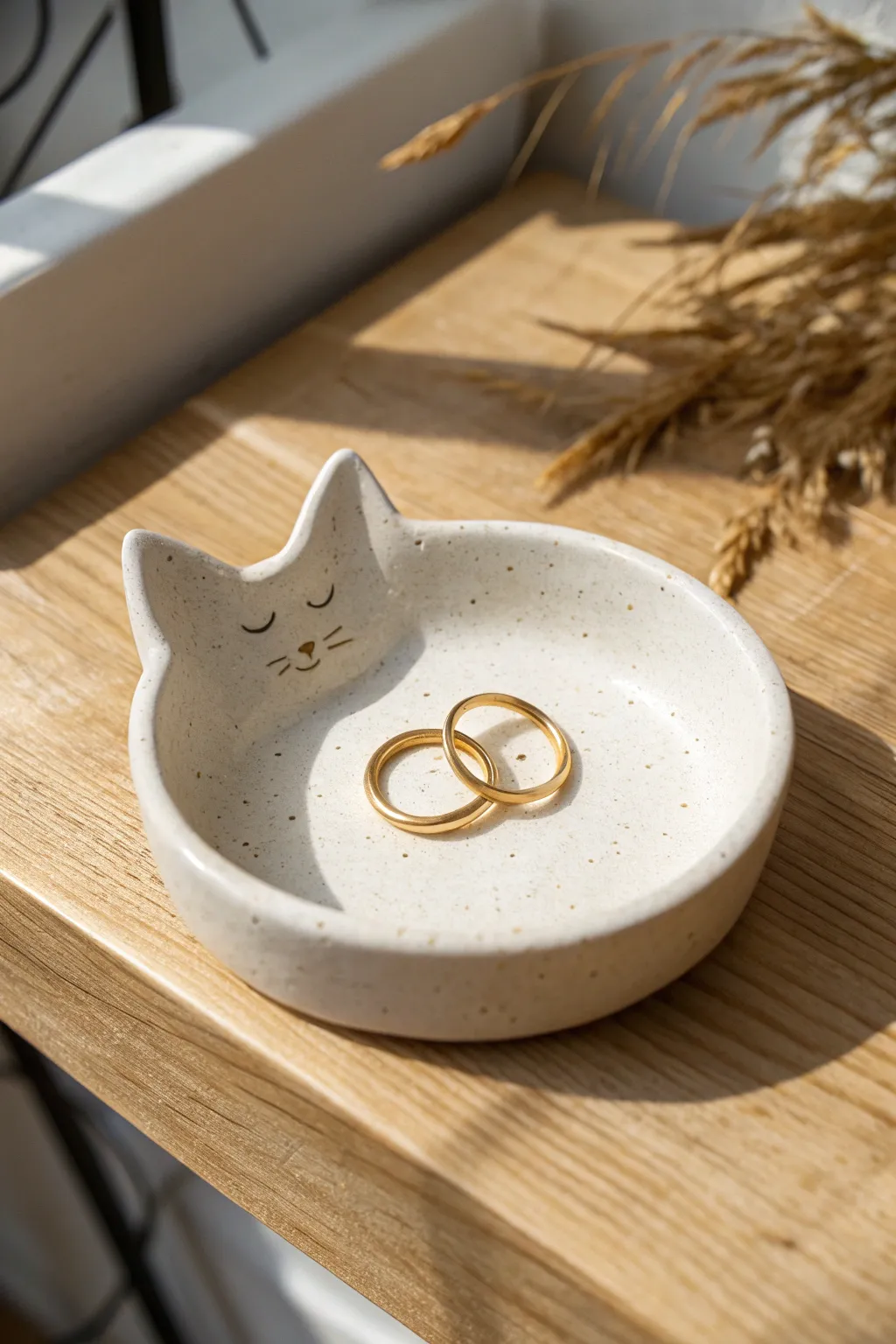 Minimal cat ring dish with curled tail rim, matte clay finish and rings for scale