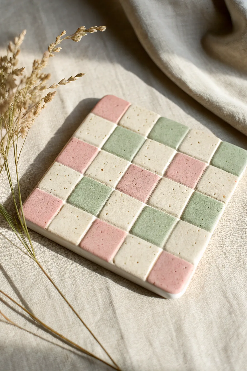 Pastel checkerboard clay coaster, clean overhead flat lay with soft light and satisfying grid.