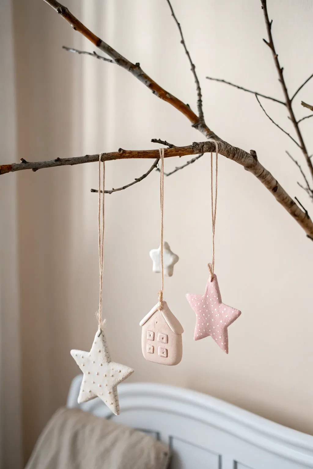 Soft pastel clay ornaments shaped like mittens, houses, and stars for a cozy toy like feel.