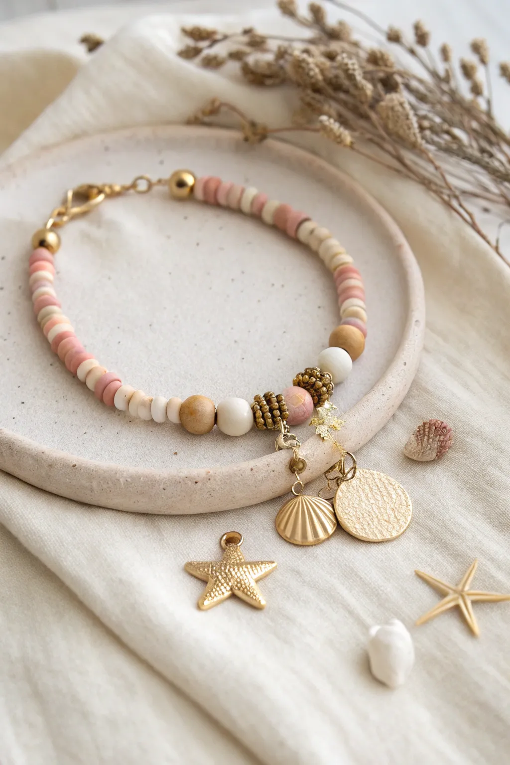 Sweet clay bead bracelet with a tiny charm cluster centerpiece and clean minimalist boho vibes