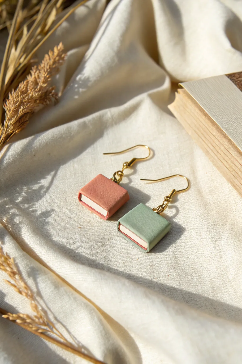 Mini book charm clay earrings with painted spines and a sweet bookmark stripe detail